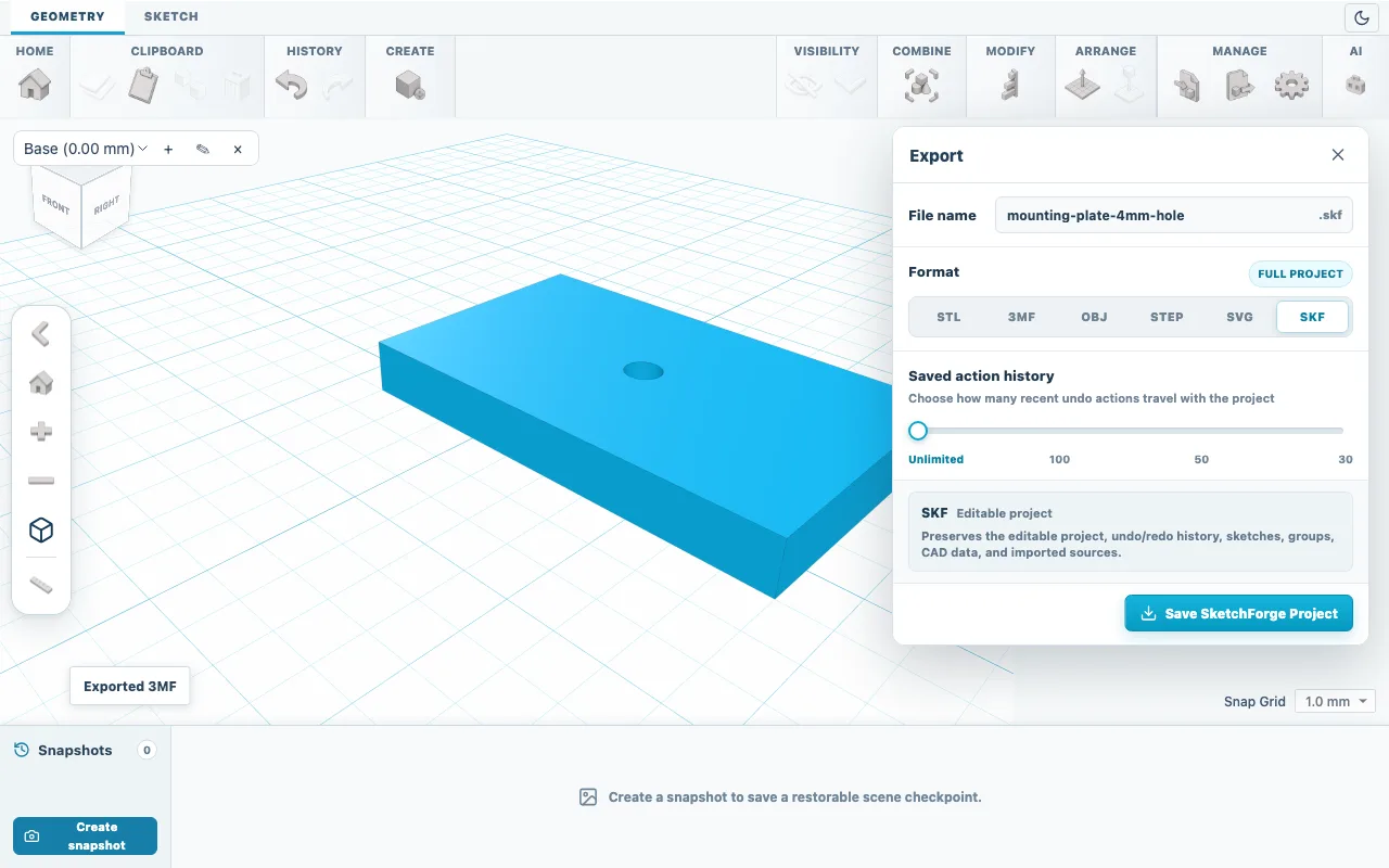 Panel Export s vybraným SKF, posuvníkem Uložená historie akcí a tlačítkem Uložit projekt SketchForge