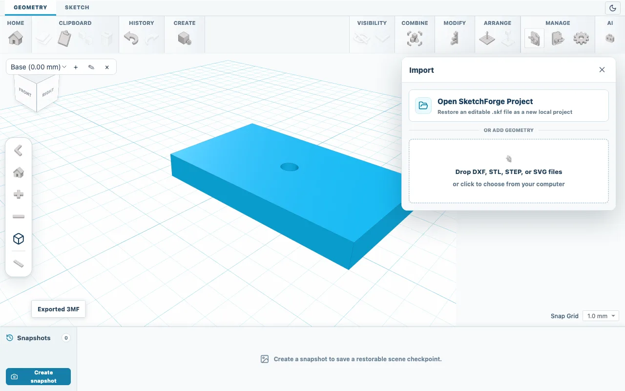 Panel Import s volbou Otevřít projekt SketchForge a oblastí pro soubory DXF, STL, STEP nebo SVG